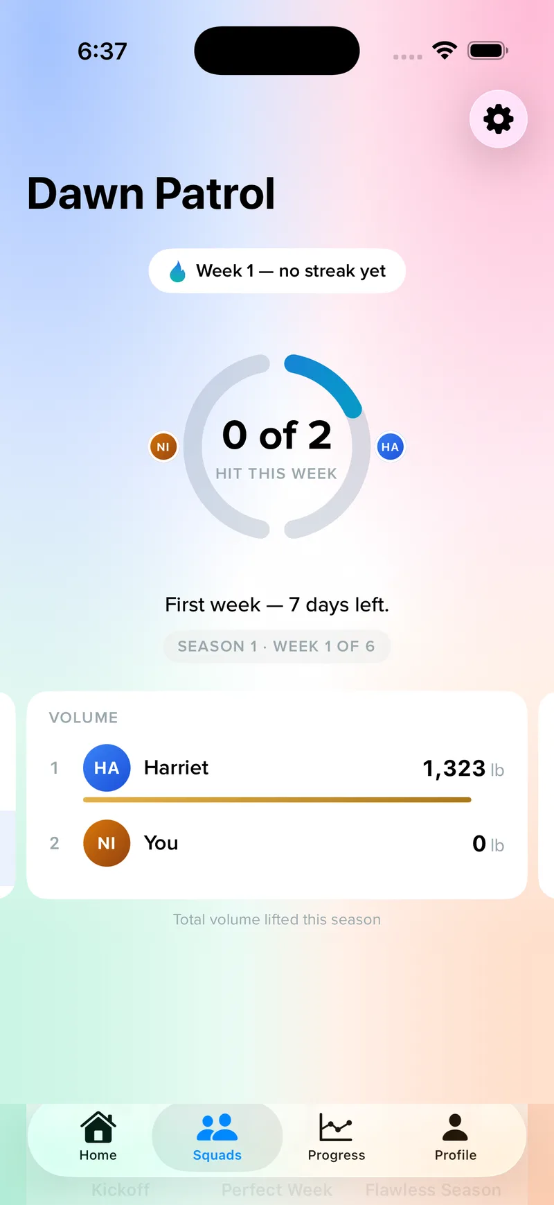 ligi Squads — Dawn Patrol squad board with weekly ring and volume leaderboard